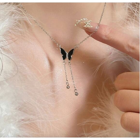 2/$30 Butterfly Tassel Necklace Silver Tone Classic Black Butterfly Simple - Picture 1 of 5